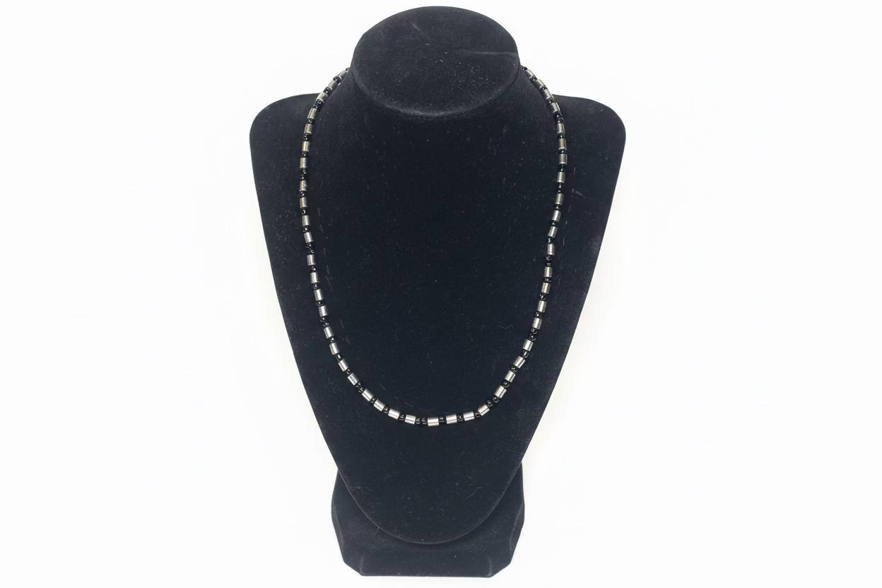 Black Seed Bead Necklace - 20 Inch Silver Accents