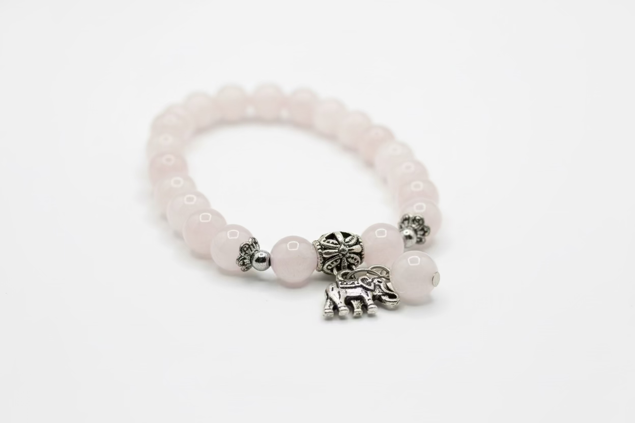 Rose Quartz Lucky Elephant Bracelet - 8mm Beads, Silver Elephant Charm - Love, Wisdom & Prosperity