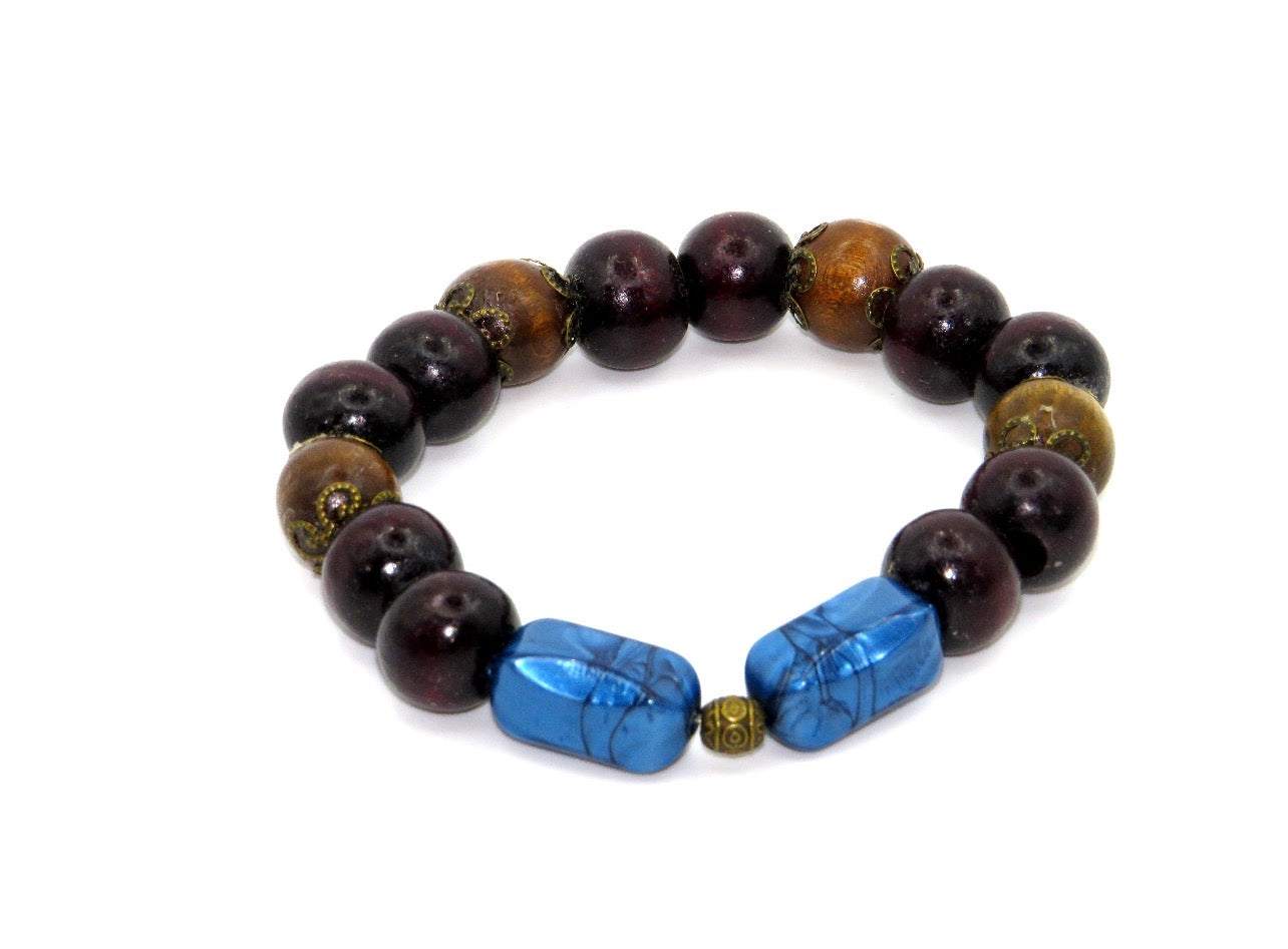 Earthy Zen: Natural Wood & Decorative Blue Bracelet