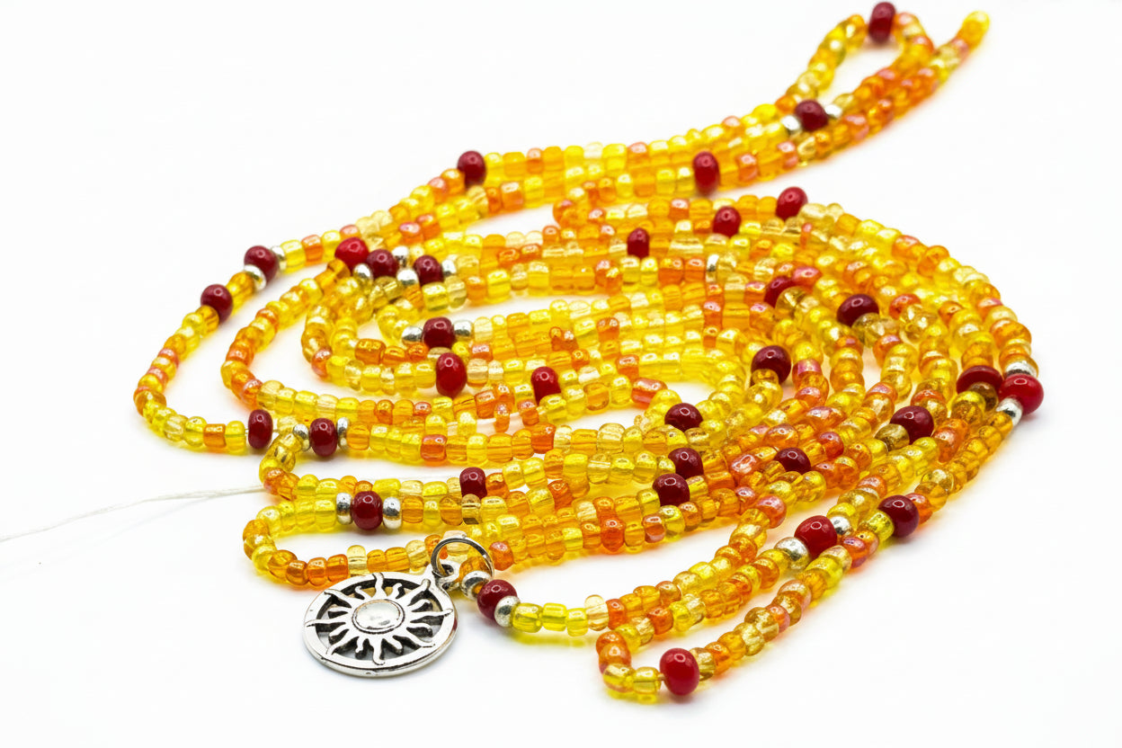 Confidence Waist Beads - Yellow, Orange & Red with Sun Charm - 53 Inches Tie-On