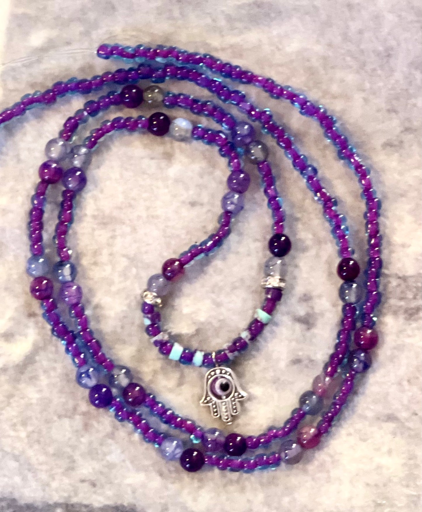 Divine Shield: Purple & Silver Hamsa Evil Eye Waist Beads
