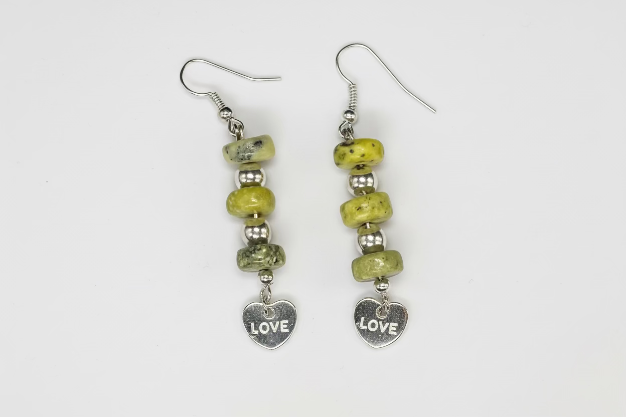 Serpentine Love Earrings - 925 Sterling Silver Hooks - 4mm Beads with Love Charms