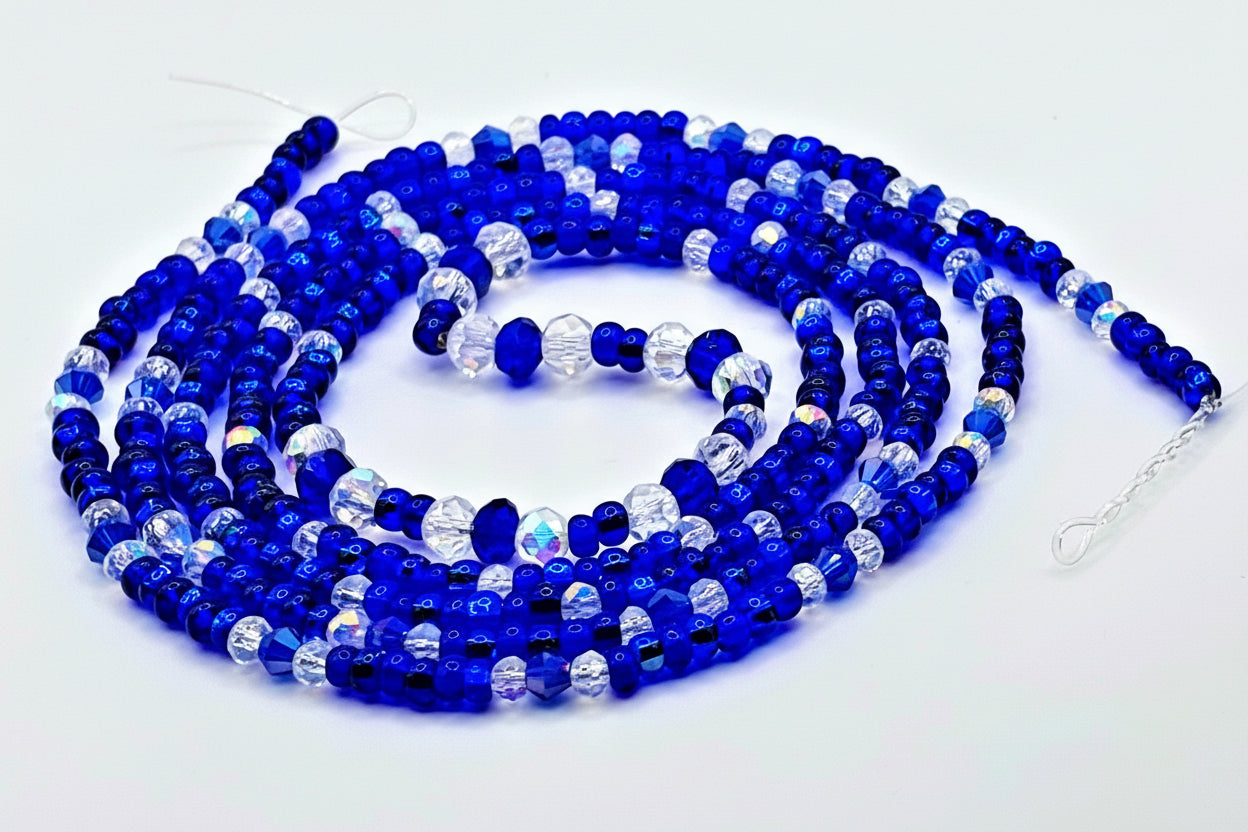Purity Tie-On Waist Beads - Clear & Blue Crystal Glass - 45.5 inches