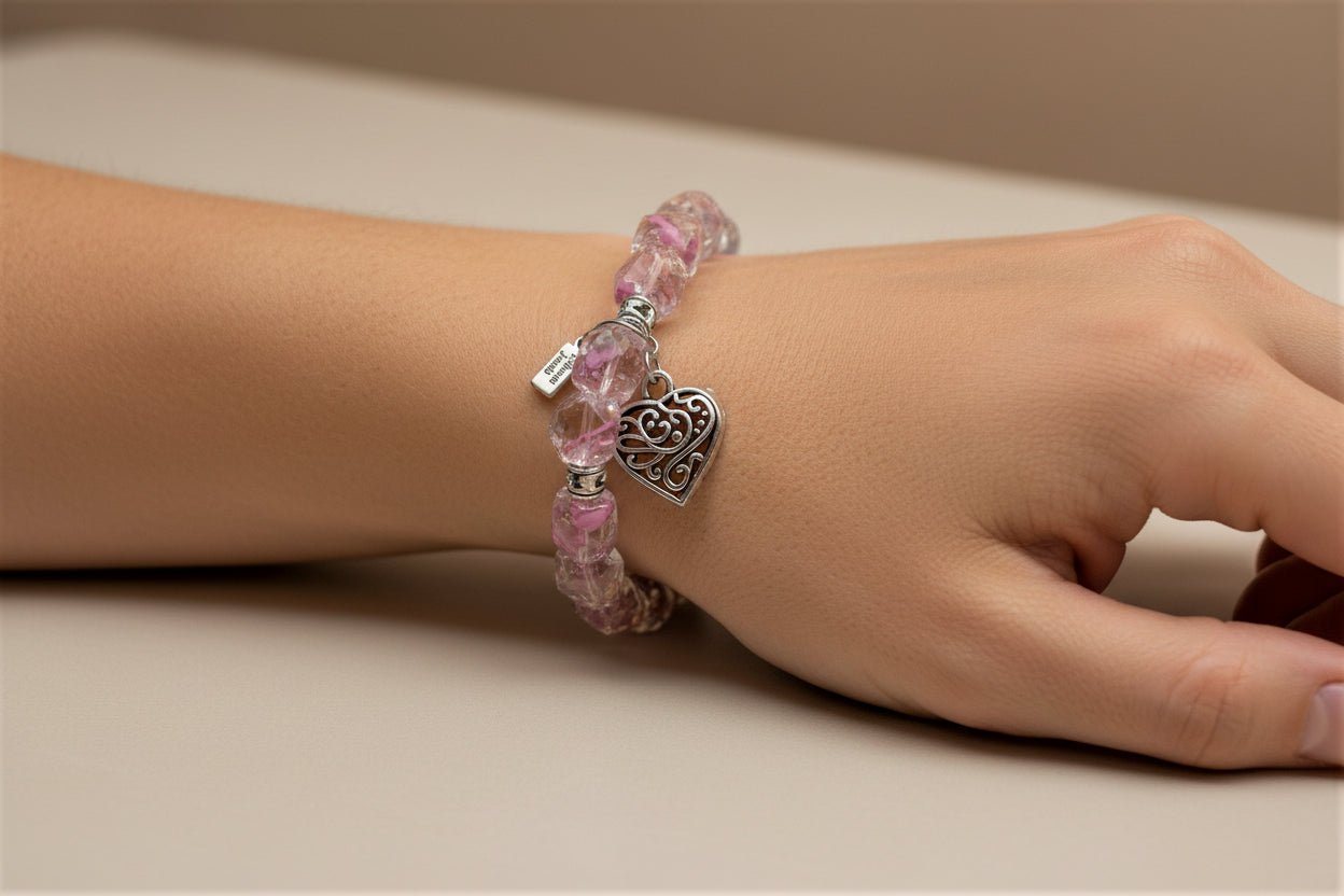 Heart Charm Bracelet - 12mm Pink & Clear Rondelle Beads with Rhinestone Spacers - 17cm