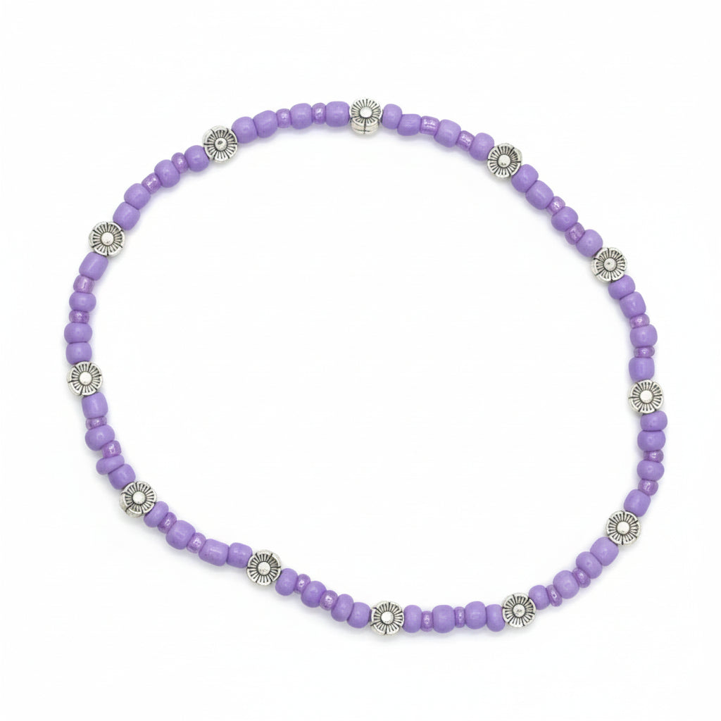 Floral Meditation: Silver Blossom & Purple Seed Bead Anklet