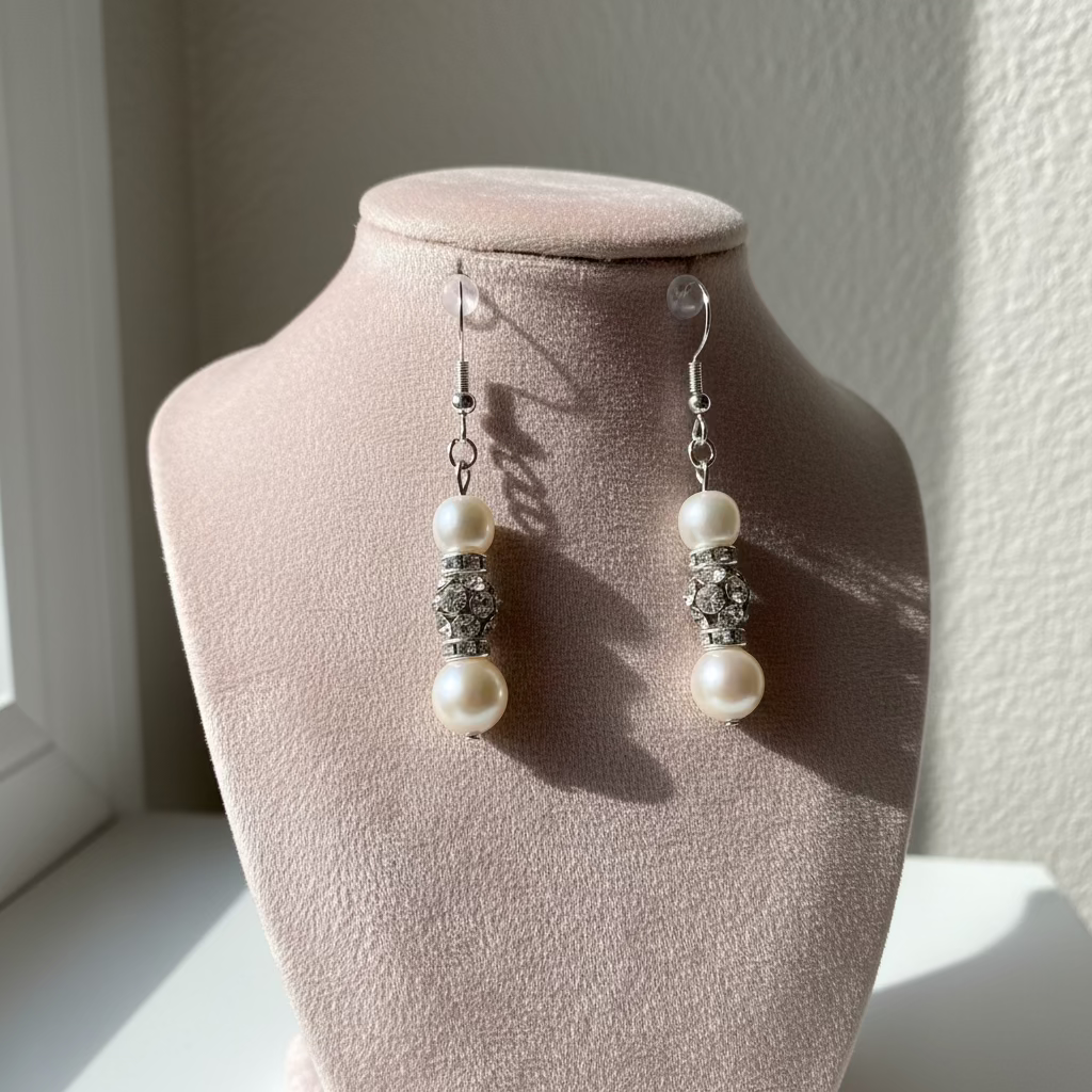 Pearly Freshwater Pearl Earrings - 8mm/6mm with Rhinestones - 925 Sterling Silver Hooks