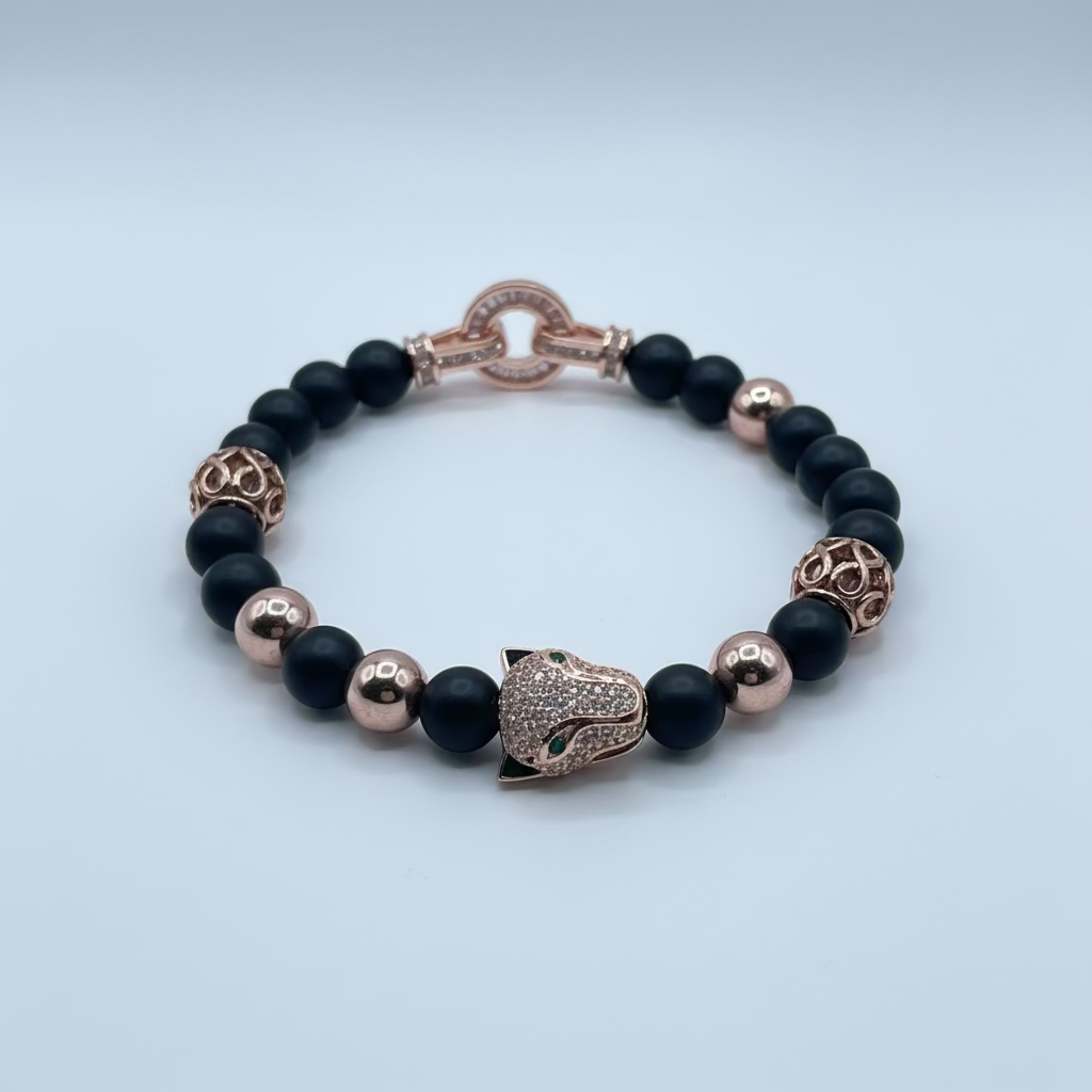 Leopard Head Bracelet - Matte Onyx & Rose Gold Hematite - 8mm Beads with Toggle Clasp