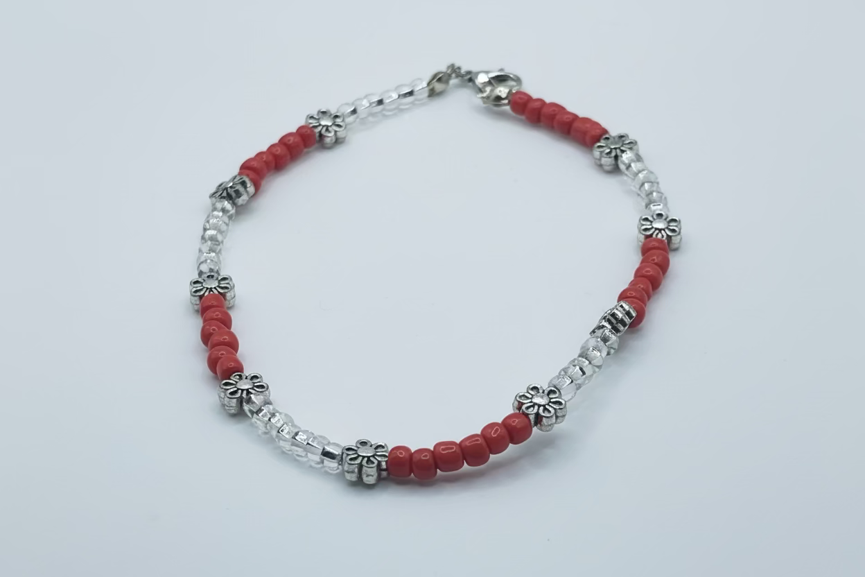 Orange Flower Anklet - Orange & Clear Seed Beads, Silver Flower Charm - Lobster Clasp