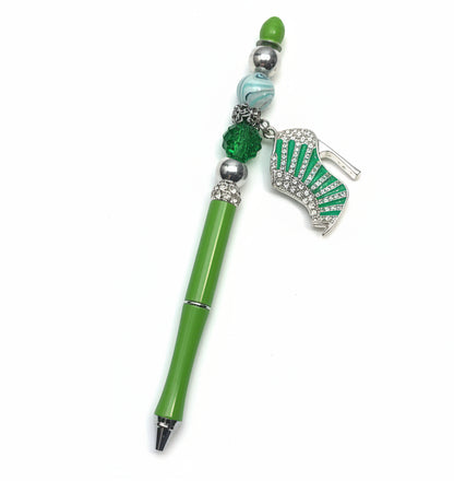 Handcrafted green beaded pen with a green crystal high-heel charm by E-monae Jewels.