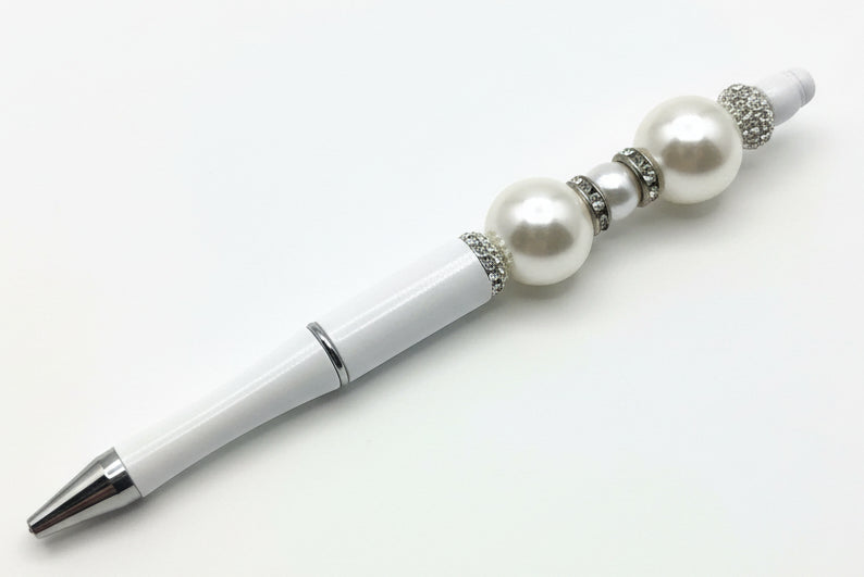 Handcrafted white beaded pen with elegant large pearl accents and crystals by E-monae Jewels.