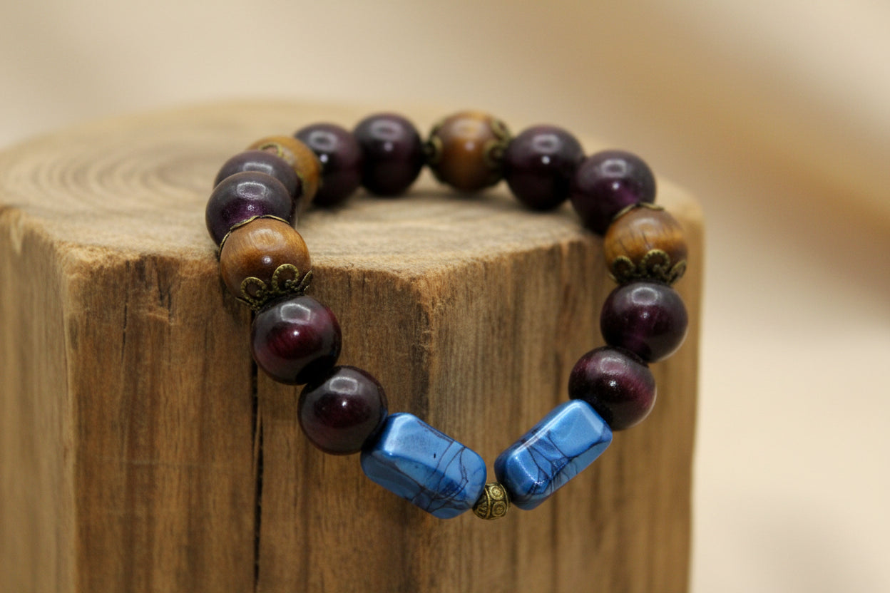 Earthy Zen: Natural Wood & Decorative Blue Bracelet