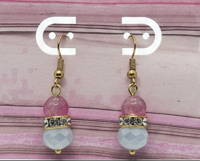Pair of earrings with cracked Agate  pink beads, Rhinestones, and white facet bead