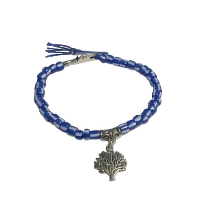 Blue seed beaded clip bracelet with a silver charm 