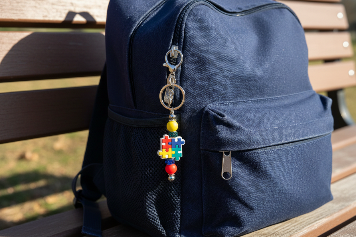 Colorful Autism Awareness puzzle piece keychain hanging from a navy blue backpack on a wooden park bench.