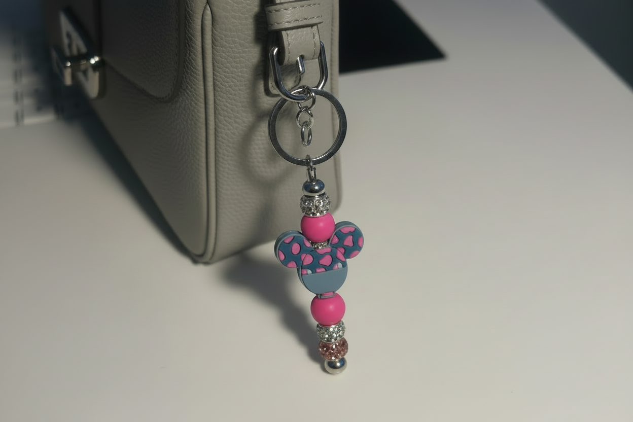 Beaded keychain with pink and blue beads, Mickey Mouse 