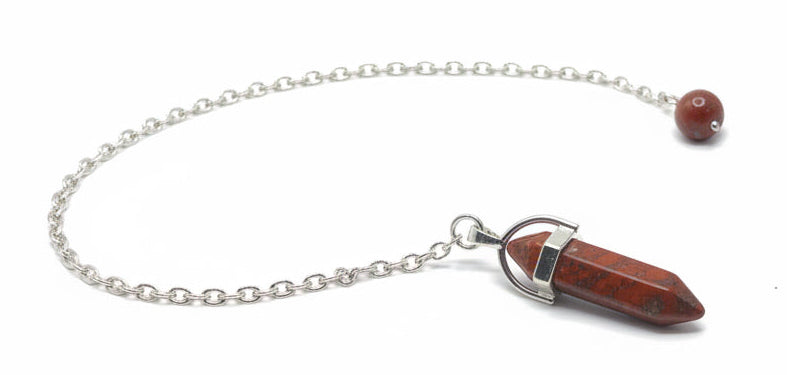 Red Jasper pendant with chain Pendulum on a white background