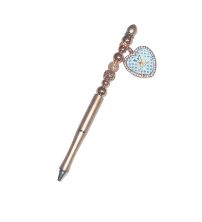 Handcrafted rose gold beaded pen with a crystal heart charm by E-monae Jewels.