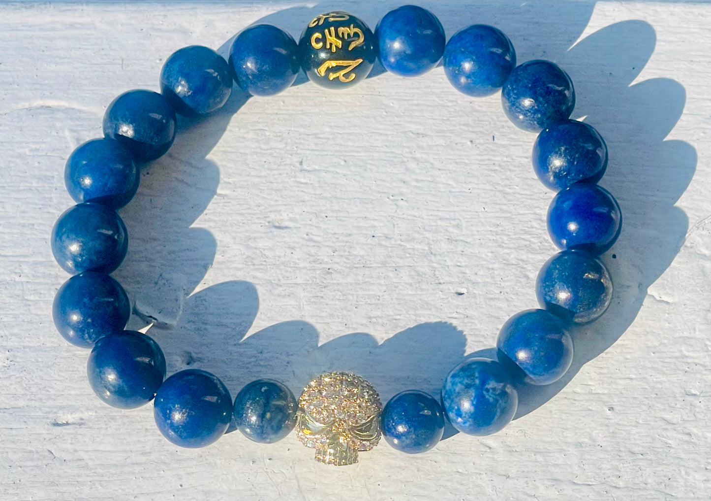 Lapis Lazuli Skull Bracelet - 12mm Healing Gemstone Jewelry