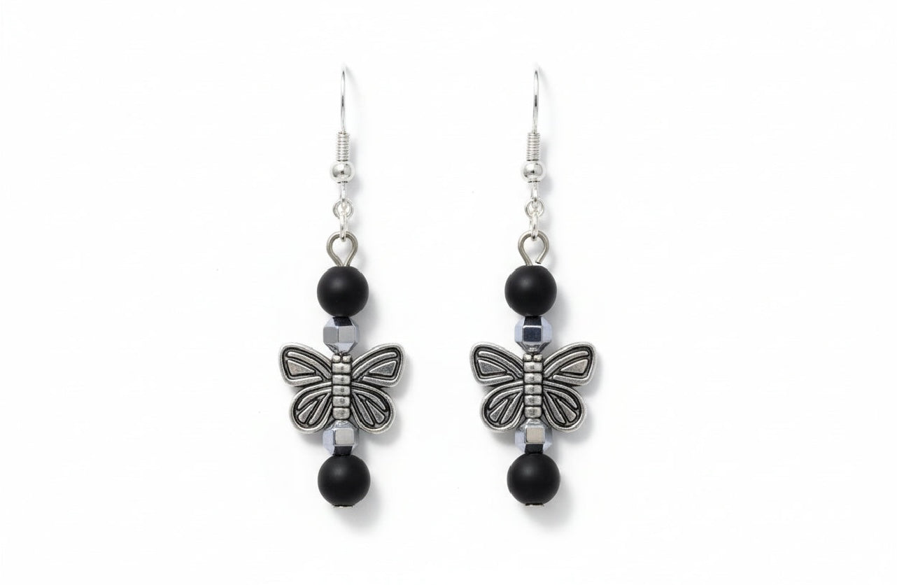 Transformation: Black Onyx & Sterling Silver Butterfly Earrings