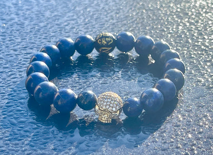 Lapis Lazuli Skull Bracelet - 12mm Healing Gemstone Jewelry