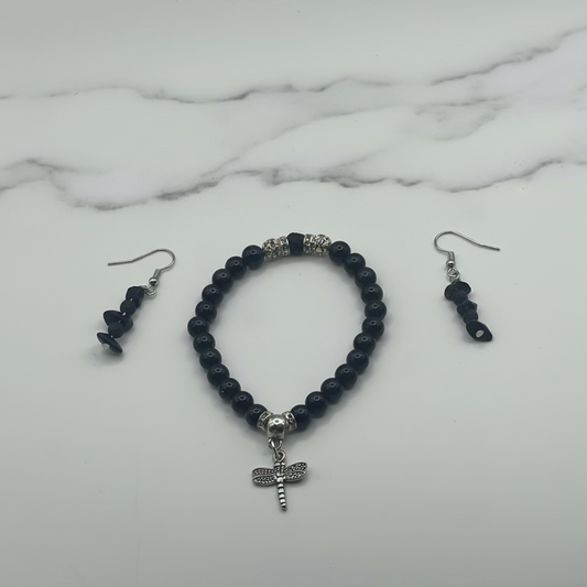 The Shield of Rebirth Set - Black Obsidian Dragonfly Bracelet & Earrings