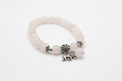 Rose Quartz Lucky Elephant Bracelet - 8mm Beads, Silver Elephant Charm - Love, Wisdom & Prosperity