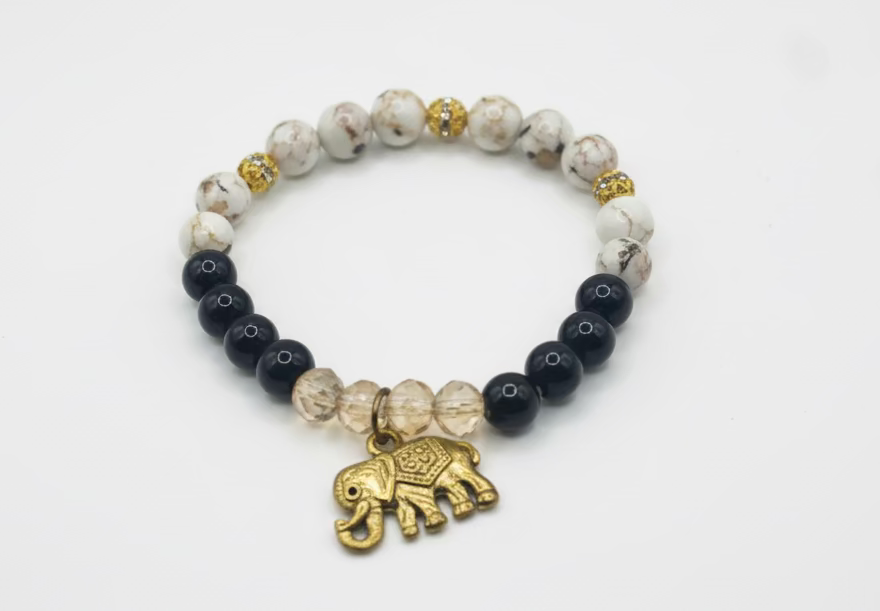 Elephant Good Luck Bracelet: White Shell Turquoise & Black Onyx