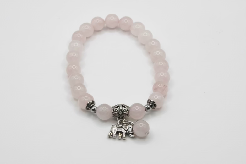 Rose Quartz Lucky Elephant Bracelet - 8mm Beads, Silver Elephant Charm - Love, Wisdom & Prosperity