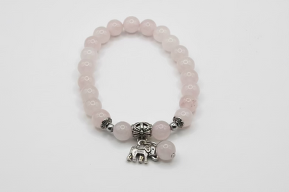 Rose Quartz Lucky Elephant Bracelet - 8mm Beads, Silver Elephant Charm - Love, Wisdom & Prosperity