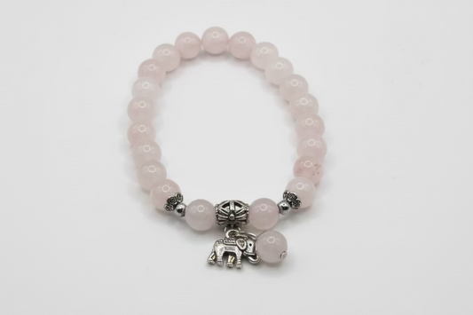 Rose Quartz Lucky Elephant Bracelet - 8mm Beads, Silver Elephant Charm - Love, Wisdom & Prosperity