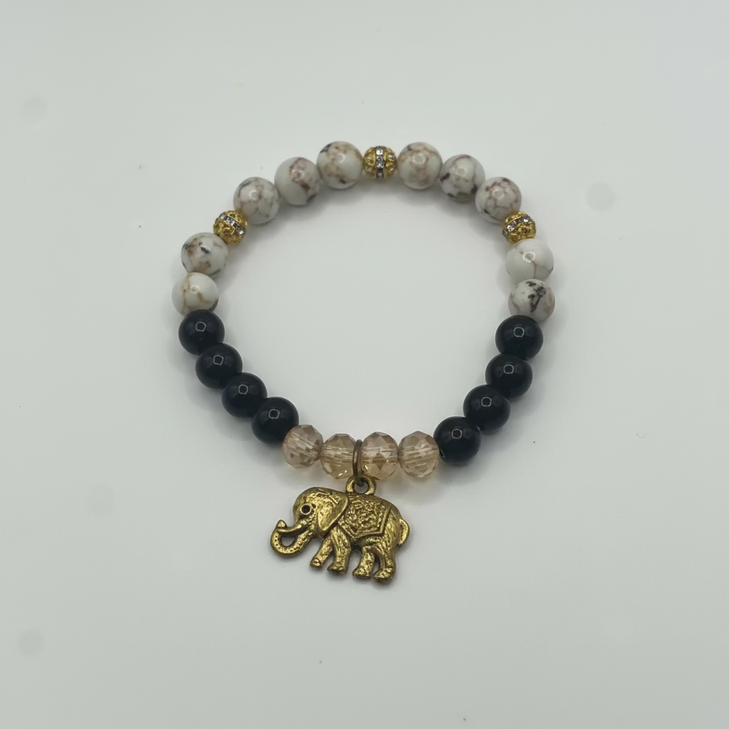 Elephant Good Luck Bracelet: White Shell Turquoise & Black Onyx