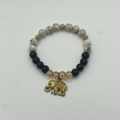 Elephant Good Luck Bracelet: White Shell Turquoise & Black Onyx