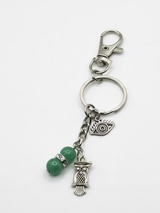 Green Aventurine Owl Evil Eye Keychain - Guardian of Success