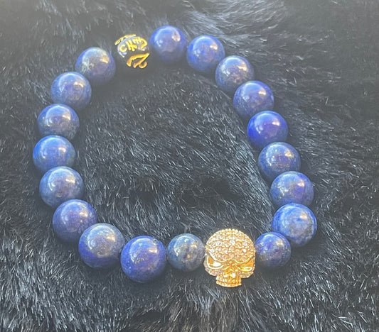 Lapis Lazuli Skull Bracelet - 12mm Healing Gemstone Jewelry