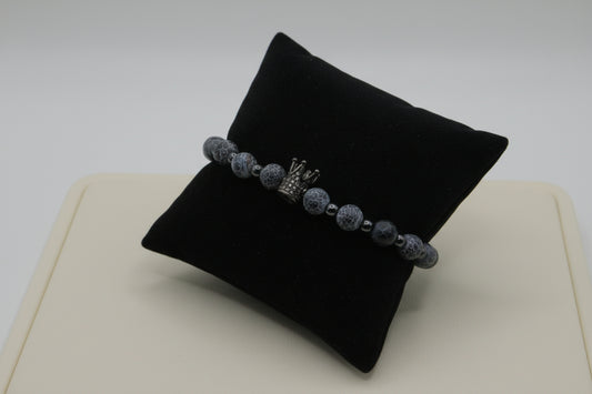 Composed Authority Bracelet - Navy Blue Cracked Agate, Hematite & Rhinestone Crown - Leadership & Calm