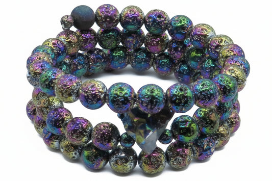 Holographic Rainbow Lava Memory Wire Bracelet - Clear Quartz & Rainbow Druzy - Grounded Light