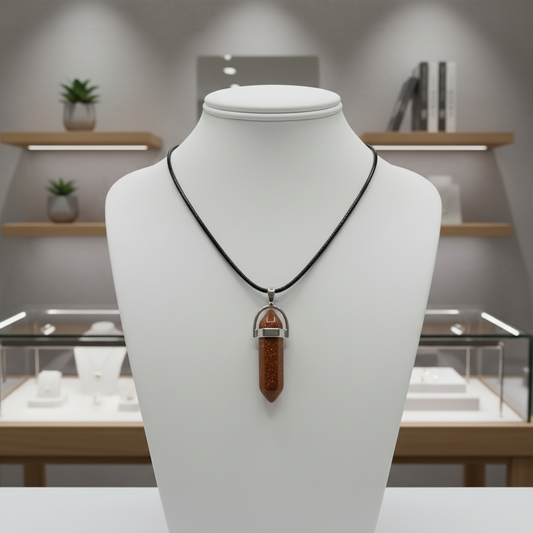 Red Goldstone Necklace - Stone of Ambition - Sparkle & Drive - Black Leather Rope