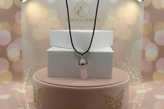 Rose Quartz Necklace - Stone of Love - Black Leather Rope - Heart Chakra Healing