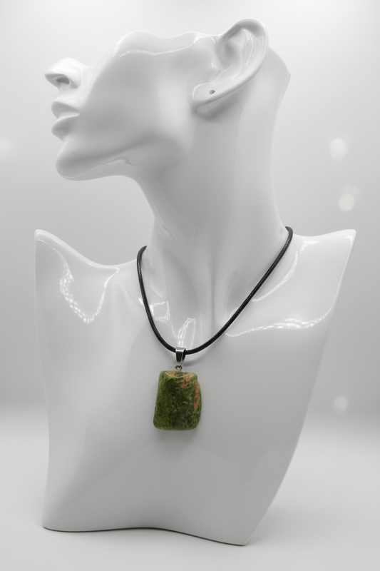 Unakite Necklace - Vision & Emotional Balance - Black Cord, Silver Clasp - Heart Chakra Healing