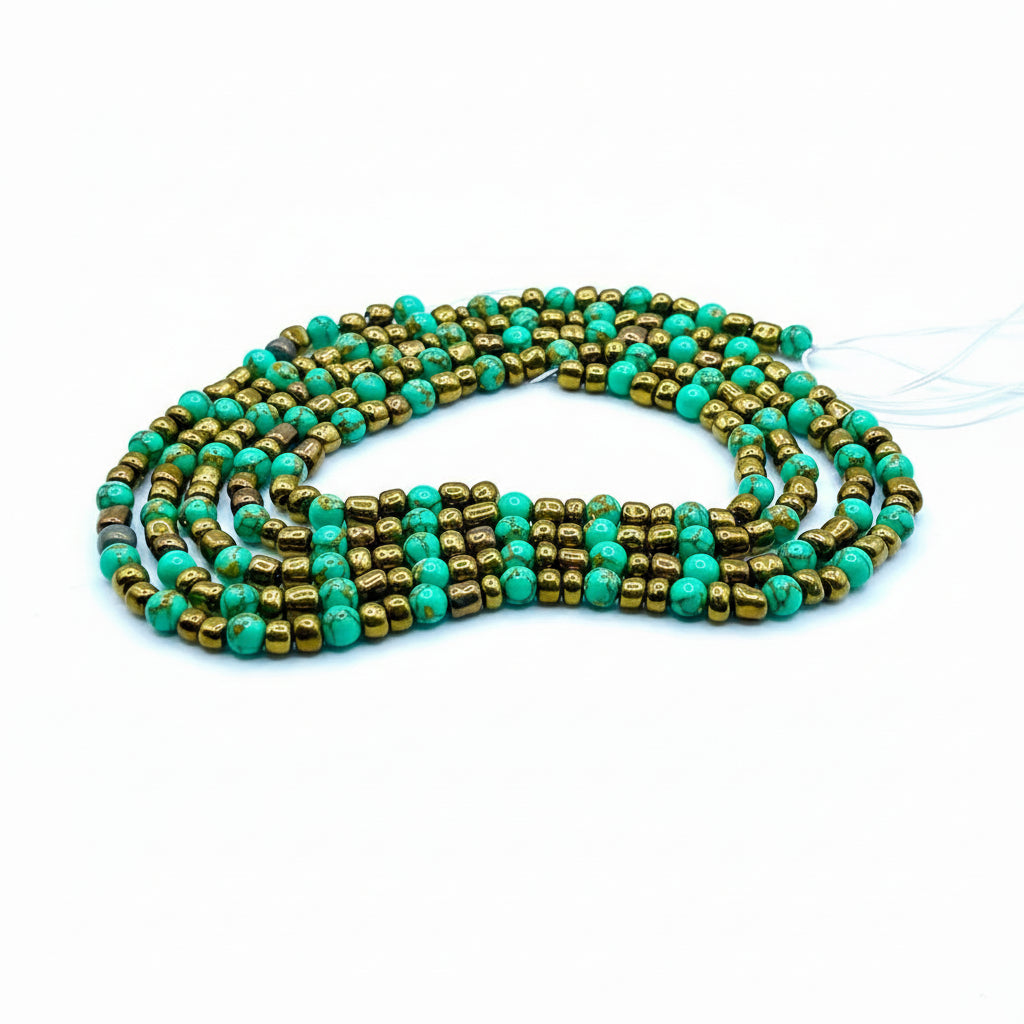 Security Tie-On Waist Beads - Turquoise & Bronze - 6/0 & 4mm Beads - 39.5 inches