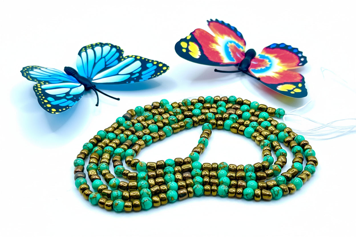 Security Tie-On Waist Beads - Turquoise & Bronze - 6/0 & 4mm Beads - 39.5 inches