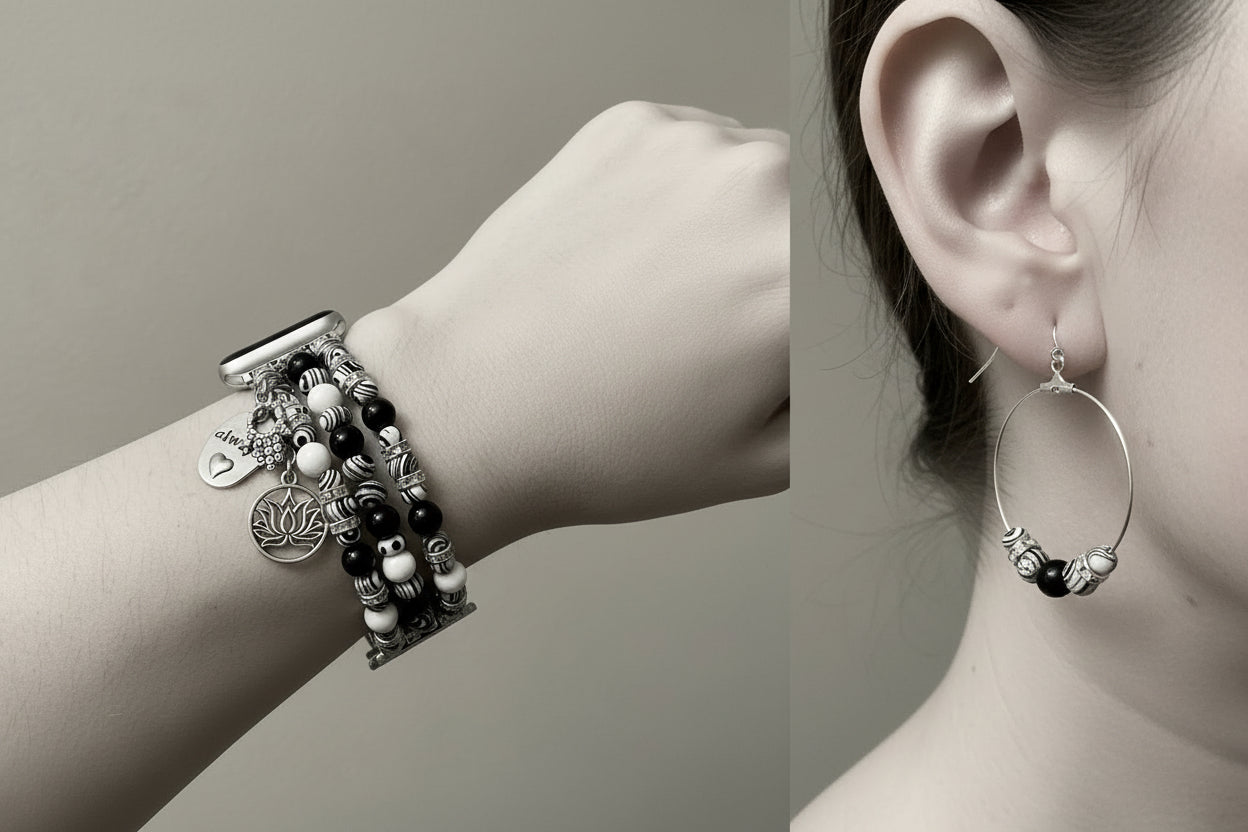 Monochrome Protection: Malachite Beaded Apple Watch Band Set