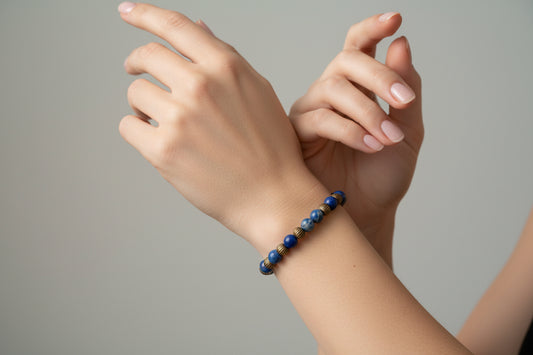 Blue Sea Sediment Bracelet - 4mm Beads, Antique Gold Spacers - 16.5cm - Ocean Energy