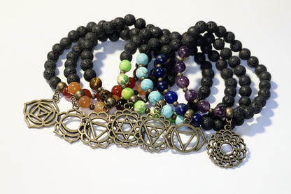 7 Healing Chakra Stack - Complete Chakra Bracelet Set with Lava Stone & Bronze Yoga Charms