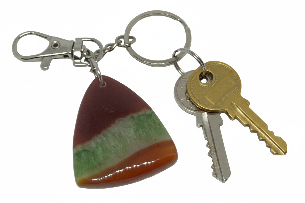 Handcrafted triangular Ruby in Zoisite gemstone keychain featuring natural magenta and forest green patterns on a silver-toned keyring with keys.