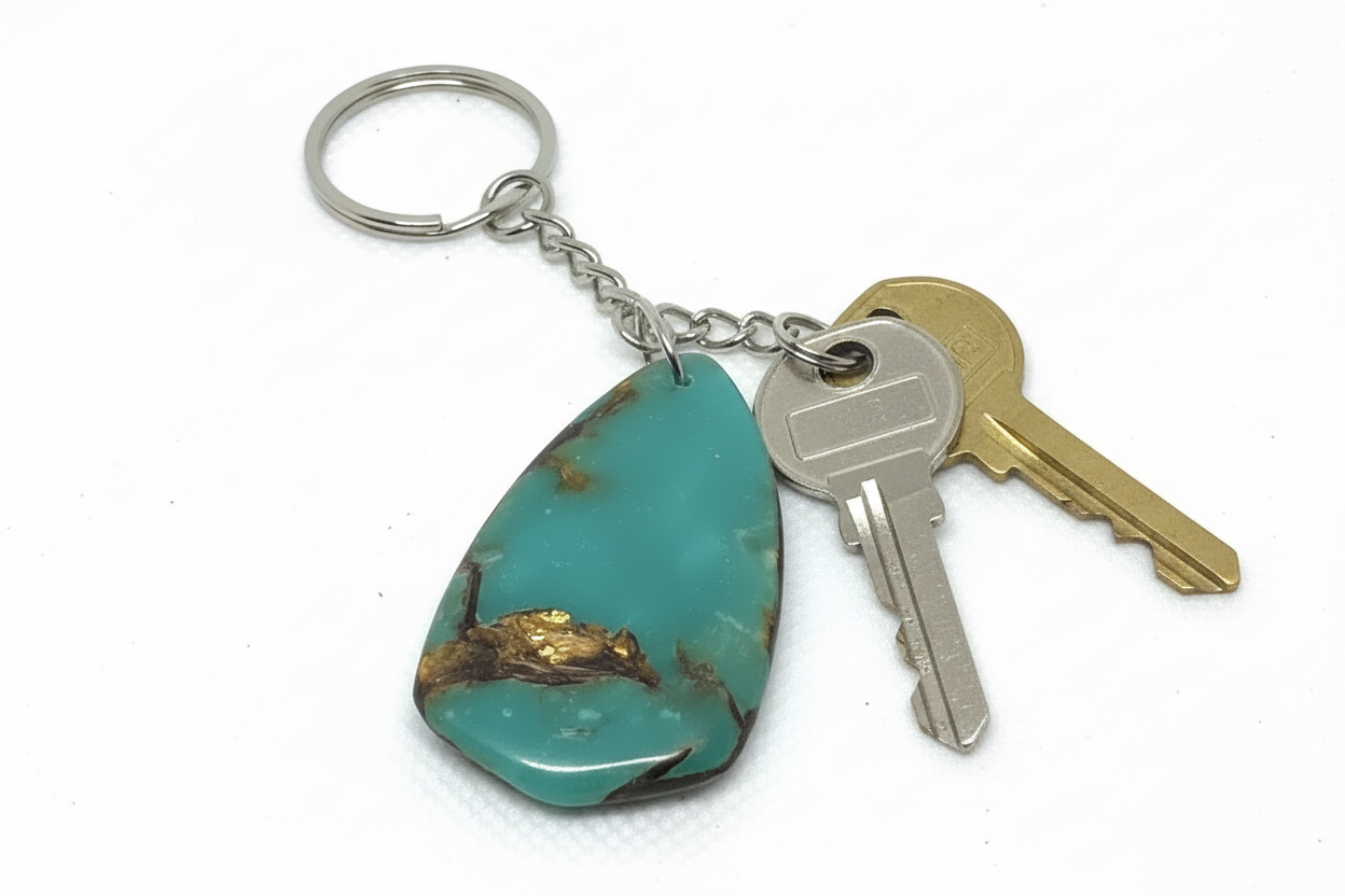 This piece features Composite Turquoise with a Copper Matrix, offering the vibrant blue of real turquoise with the added strength and shimmer of metallic copper veins.