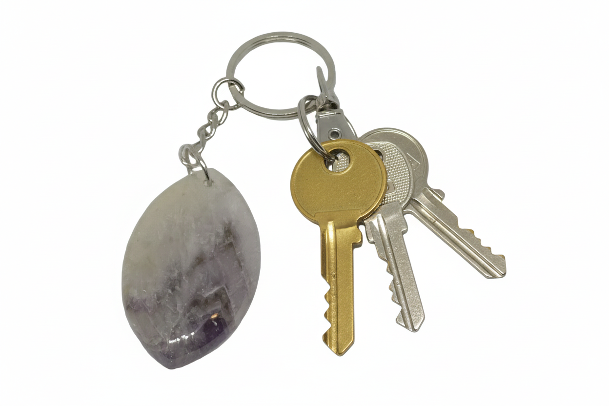 Handcrafted heart-shaped Chevron Amethyst gemstone keychain with natural purple and white patterns on a silver-toned keyring.