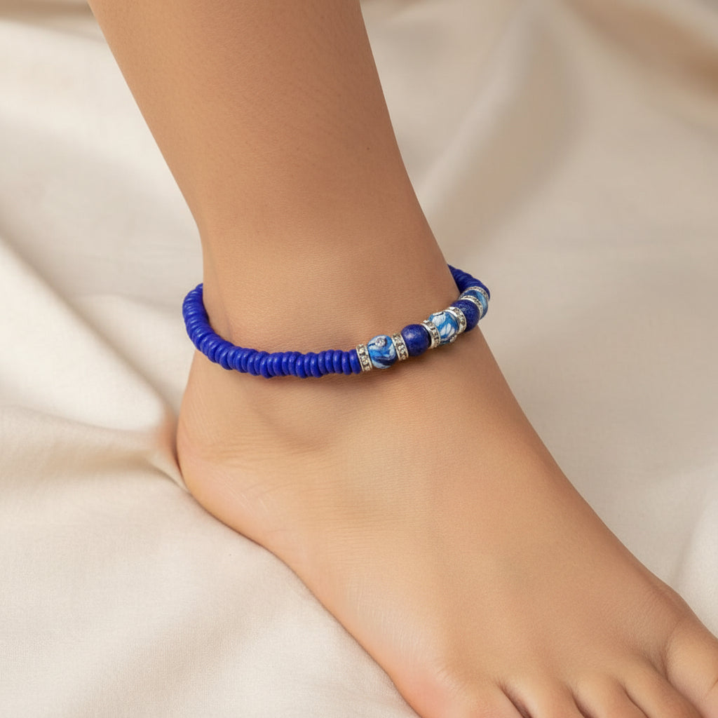 Celestial Sparkle: Capri Blue Diamond Faceted Glass Anklet