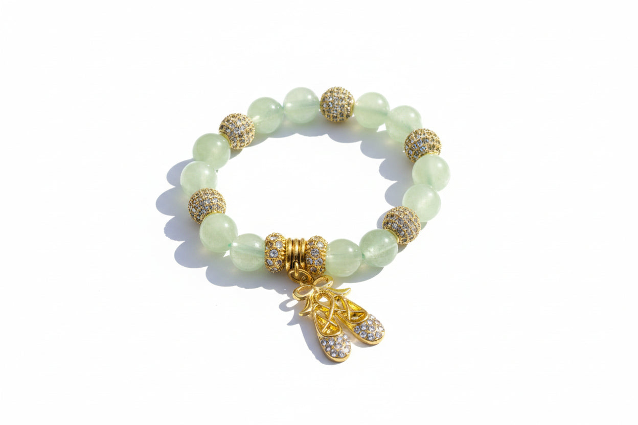 Prehnite & Ballet Shoes Bracelet - 10mm Beads, Gold Spacers - 16cm - Peace & Joy