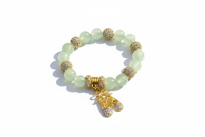 Prehnite & Ballet Shoes Bracelet - 10mm Beads, Gold Spacers - 16cm - Peace & Joy